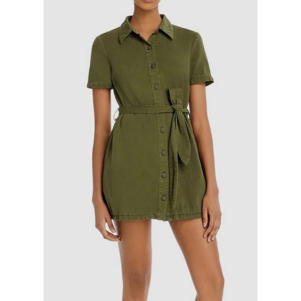 Blank NYC Women's Green Cotton Button Front Sash Belted Twill Mini Dress M Boho